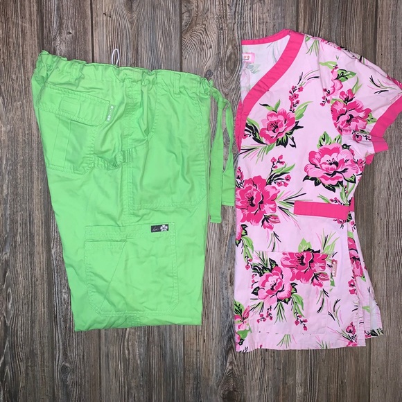 KOI Lime Green & Pink Scrub Set